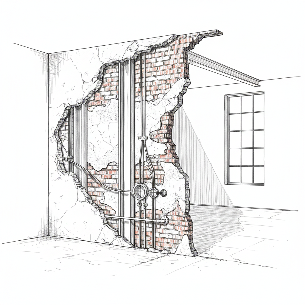 A clean line-art scene of a partially demolished interior wall, its brick and concrete layers revealed in intricate cross-section. Steel beams, electrical conduits, and plumbing lines are all carefully drawn with varying line weights, emphasizing structure and complexity. The room around the wall is suggested with minimal outlines of a bare concrete floor and a distant window frame, hinting at an industrial loft under reforma. A strong, single side light casts long, angular shadows across the exposed materials, enhancing the dark, technical mood. Framed at eye level with balanced composition, the image feels bold and architectural, highlighting the process of stripping back and rebuilding with precision.