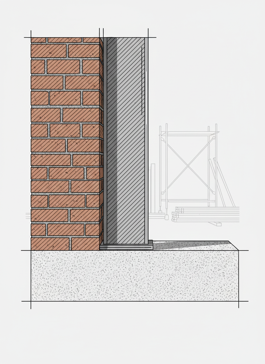 A precise line-art close-up of construction details: the intersection of a concrete floor, a brick wall, and a steel column, all depicted in a technical, almost diagrammatic style. Each material is differentiated by unique hatching patterns and line textures, showing rough brick, smooth steel, and granular concrete. The setting is a bare reforma site, suggested only by faint outlines of scaffolding and stacked materials in the background. A single overhead work light is implied, generating stark, graphic shadows along the junctions of the materials. Captured in a tight, centered composition, the mood is analytical and robust, highlighting structural truth and the problem-solving nature of construction in a dark, minimalist line-art style.