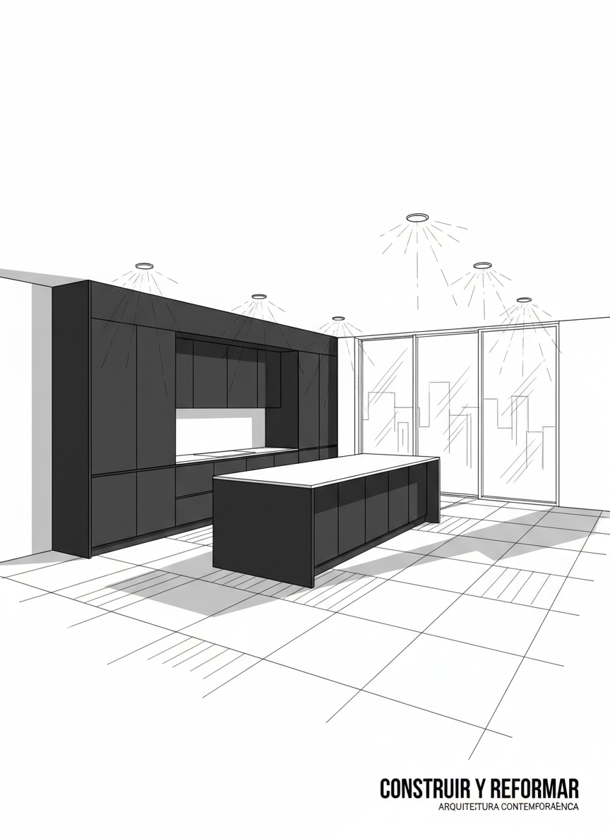 A highly detailed line-art illustration of a sleek, newly renovated open-plan living space, focusing on clean geometric forms and sharp contrasts. Dark-toned cabinetry, a monolithic kitchen island, and a perfectly aligned tiled floor are all rendered with fine, confident black lines on white. In the background, large floor-to-ceiling windows are suggested with minimal outlines, hinting at an urban skyline beyond. Subtle indications of recessed ceiling lights create pools of implied illumination, with stylized shadows emphasizing depth. Shot from a wide, slightly elevated perspective, the composition feels spacious yet controlled, expressing the idea of construir and reformar with a refined, contemporary, almost architectural drawing aesthetic.