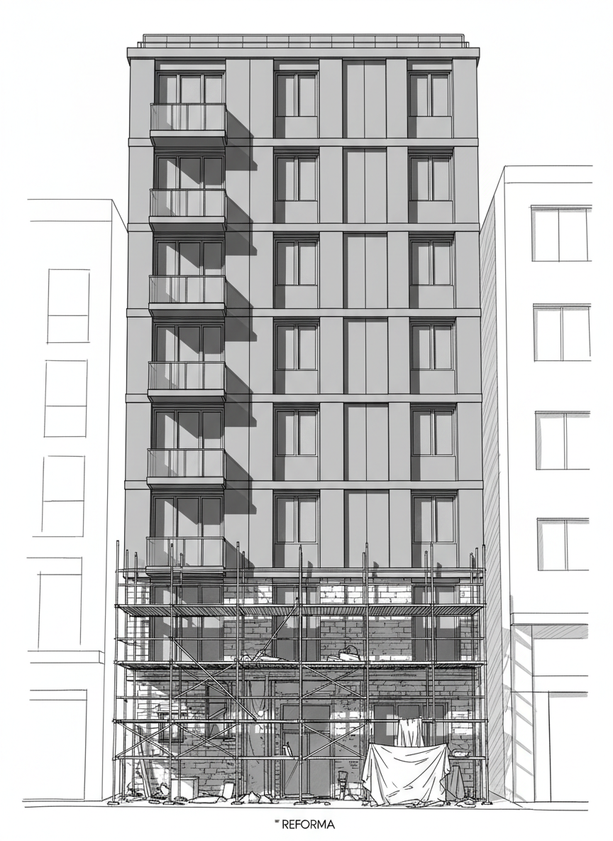 A dramatic line-art perspective of a narrow urban façade undergoing reforma, viewed from street level looking slightly upward. The lower levels show scaffolding, exposed brick, and opened window frames with temporary bracing, all rendered with intricate black lines. The upper floors reveal the finished design: clean ventilated cladding panels, aligned balconies, and precise window rhythms. Minimal outlines of adjacent buildings create context without distraction. Strong, angled daylight from the upper right creates long shadows on the façade, emphasizing depth and geometry. The composition uses vertical lines to draw the eye upward, conveying ambition, transformation, and structural order in a monochrome, architectural line-art style with a slightly dark, metropolitan mood.
