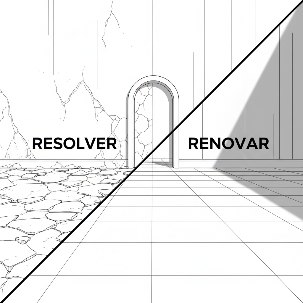 A line-art illustration of a transformation concept: on the left side, a worn, cracked tiled floor and uneven wall sketched with rough, broken lines; on the right, a perfectly renovated space with sharp, clean tile patterns and flawlessly aligned wall panels. A bold diagonal line divides the before-and-after, like an architectural cut. The environment is a simple interior, suggested by a single doorway and baseboard running across both halves. Subtle directional lighting from the right creates heavier shadows on the renovated side, reinforcing the idea of emerging from disorder into clarity. Composed symmetrically yet dramatically, the image communicates resolver and renovar through contrast, in a sophisticated monochrome line-art aesthetic.