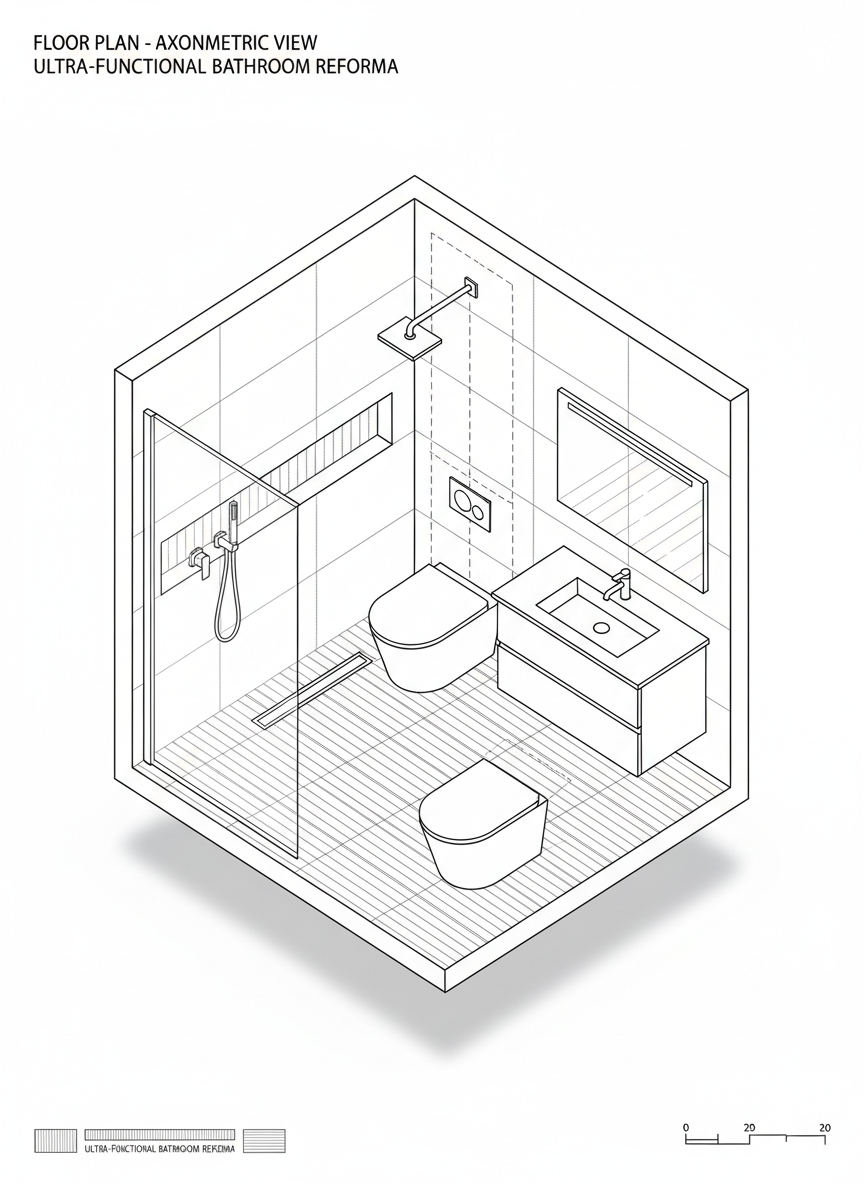 A meticulous line-art drawing of a compact, ultra-functional bathroom reforma plan in axonometric view, every fixture and surface precisely outlined. Textured hatching distinguishes polished concrete floor, large-format wall tiles, and a frameless glass shower screen. Built-in niches, hidden cisterns, and linear drains are all rendered with technical clarity, emphasizing clever problem-solving in a small space. The setting floats against a stark white background, with a subtle shadow beneath the room volume to anchor it. Implied overhead lighting brightens the scene uniformly, giving it a crisp, blueprint-like mood. The composition is centered and perfectly balanced, evoking the feeling of a high-end architectural drawing with a dark, intelligent character.